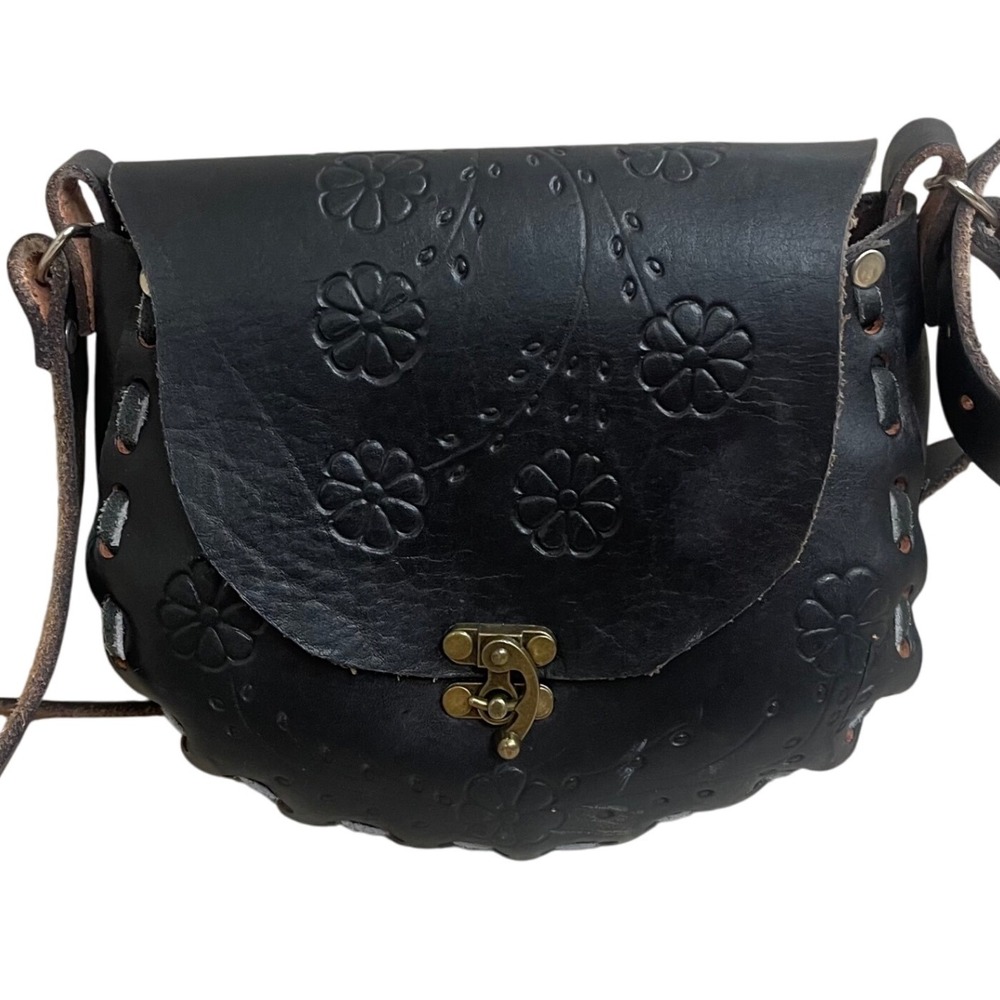 Mexican Black‎ Leather Floral Tooled Crossbody Bag Small Purse Bohemian Boho